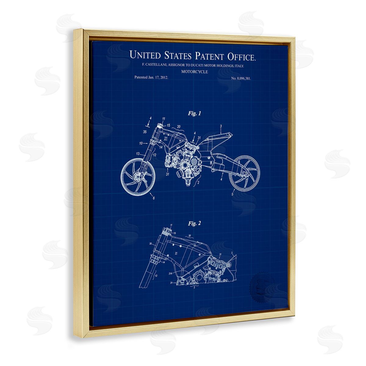 Motorcycle Patent Blueprint Gold Floating Frame Canvas Wall Art, Home Decor by Karl Hronek
