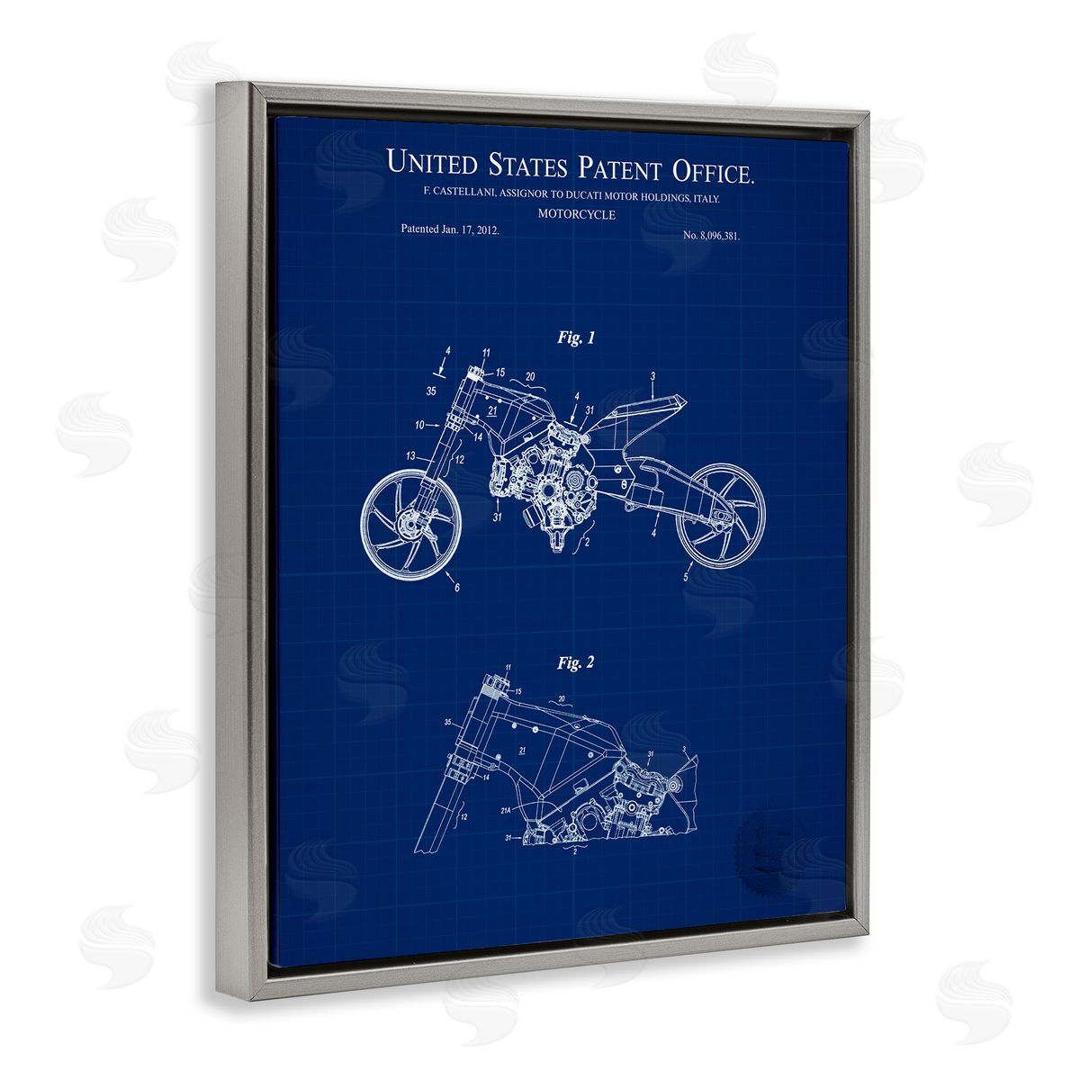Motorcycle Patent Blueprint Grey Floating Frame Canvas Wall Art, Home Decor by Karl Hronek