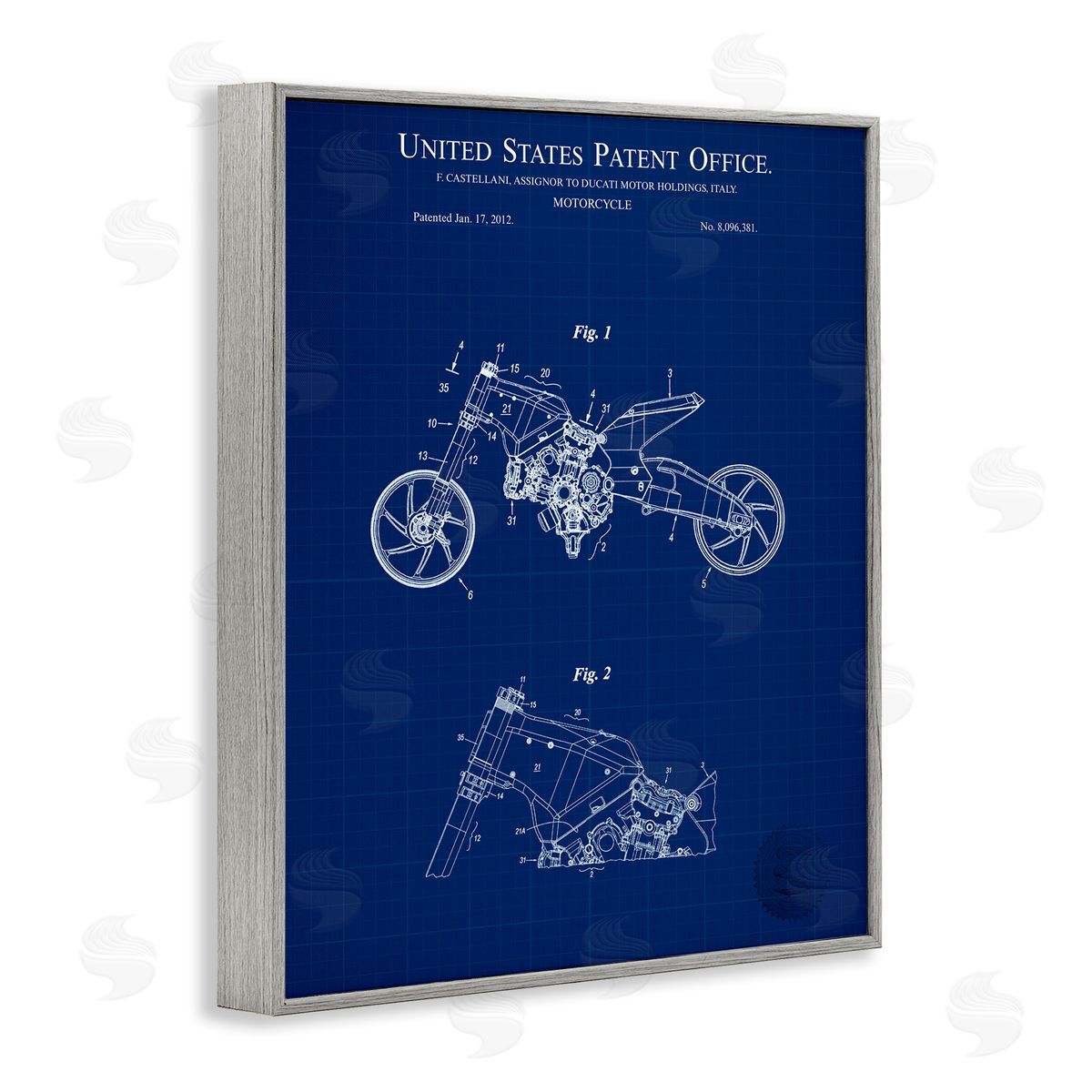 Motorcycle Patent Blueprint Grey Frame Print Wall Art, Home Decor by Karl Hronek