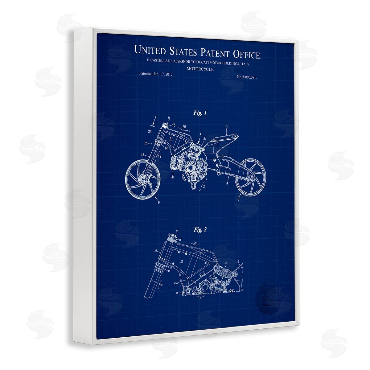 Motorcycle Patent Blueprint White Frame Print Wall Art, Home Decor by Karl Hronek