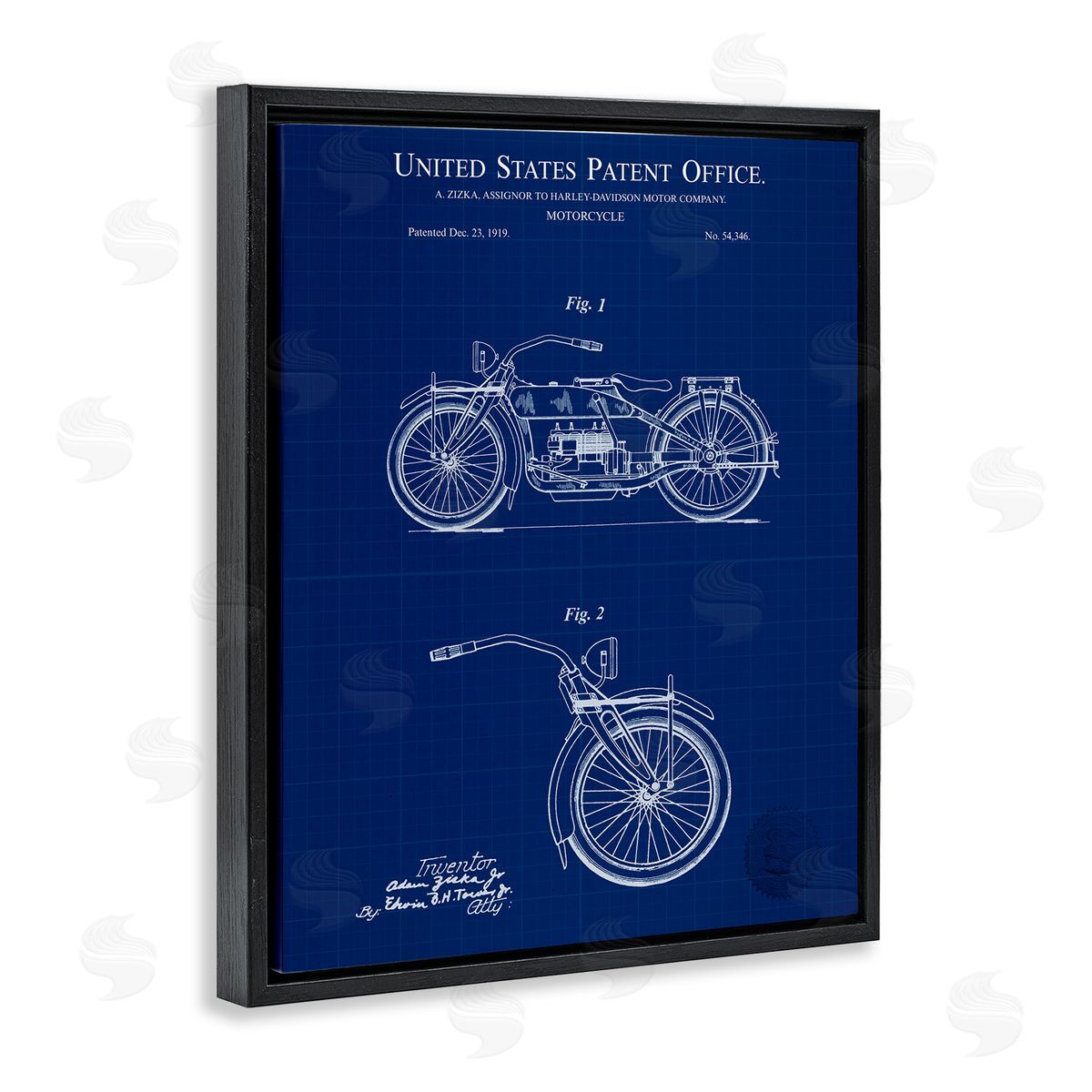 Detailed Motorcycle Blueprint Black Floating Frame Canvas Wall Art, Home Decor by Karl Hronek