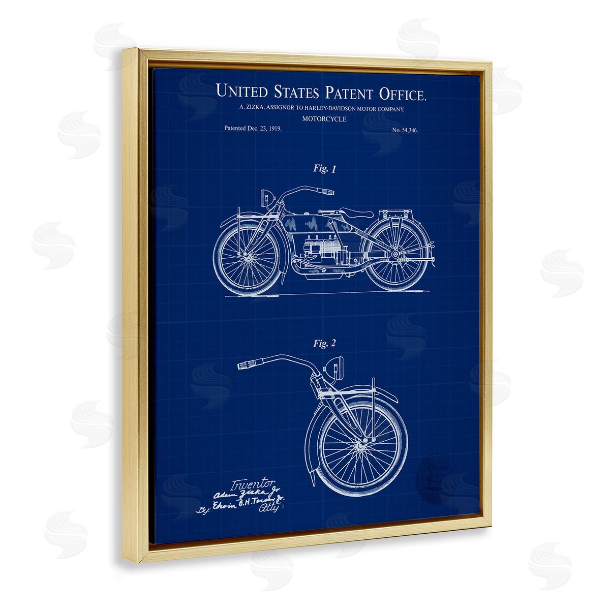 Detailed Motorcycle Blueprint Gold Floating Frame Canvas Wall Art, Home Decor by Karl Hronek