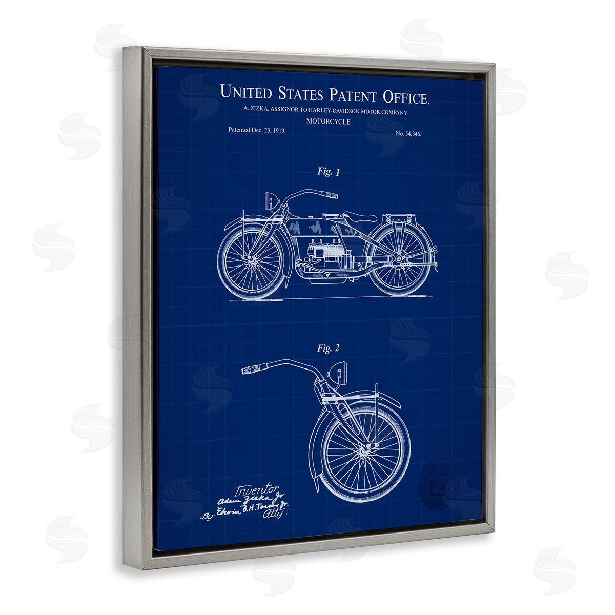Detailed Motorcycle Blueprint Grey Floating Frame Canvas Wall Art, Home Decor by Karl Hronek