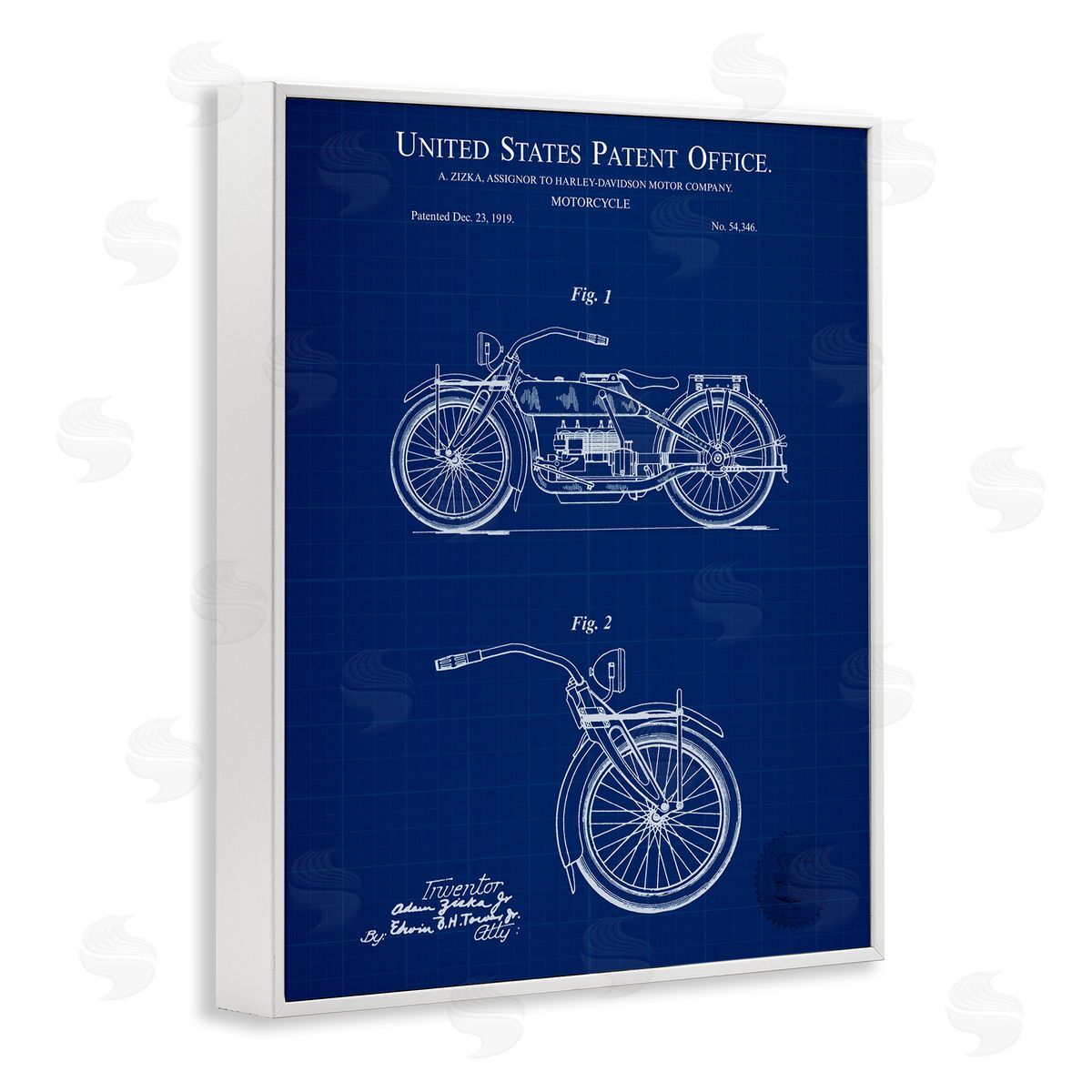 Detailed Motorcycle Blueprint White Frame Print Wall Art, Home Decor by Karl Hronek