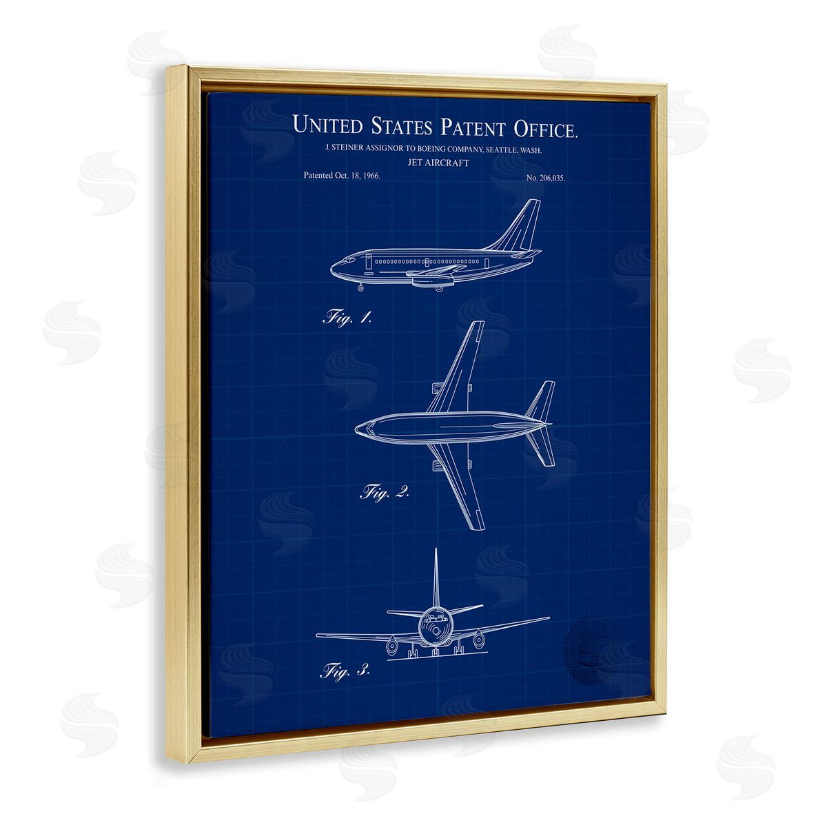 Jet Aircraft Blueprint Gold Floating Frame Canvas Wall Art, Home Decor by Karl Hronek