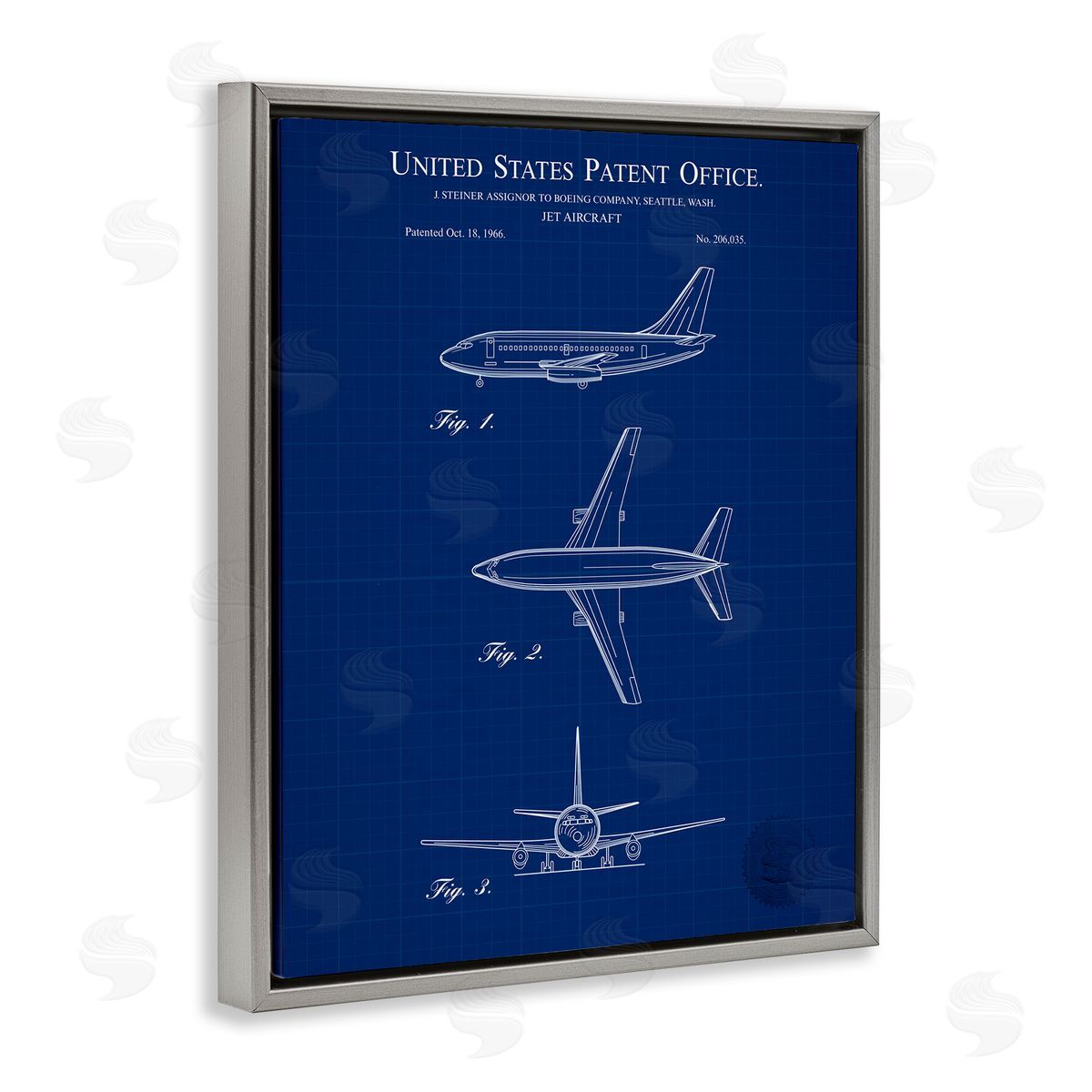 Jet Aircraft Blueprint Grey Floating Frame Canvas Wall Art, Home Decor by Karl Hronek