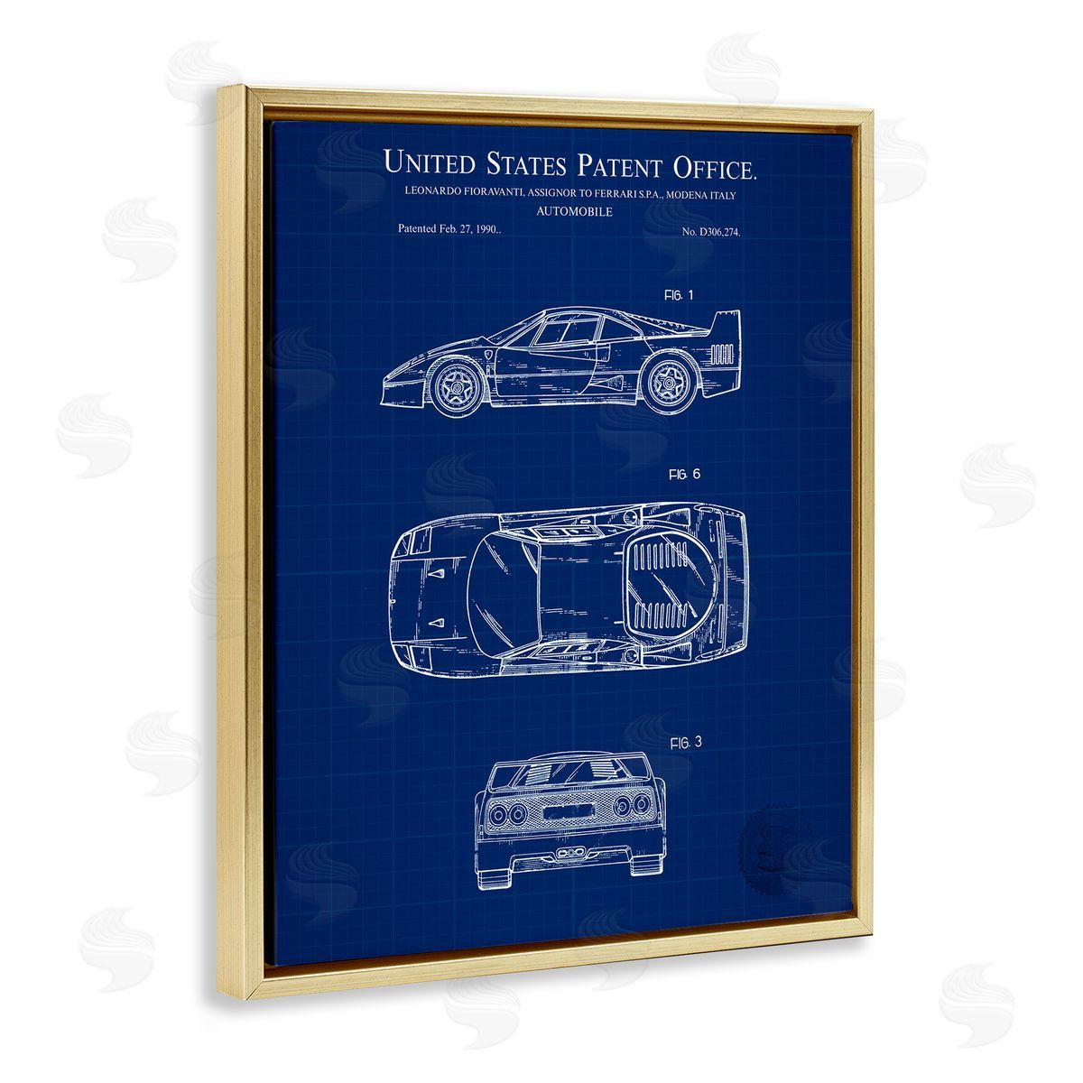 Automobile Car Blueprint Gold Floating Frame Canvas Wall Art, Home Decor by Karl Hronek