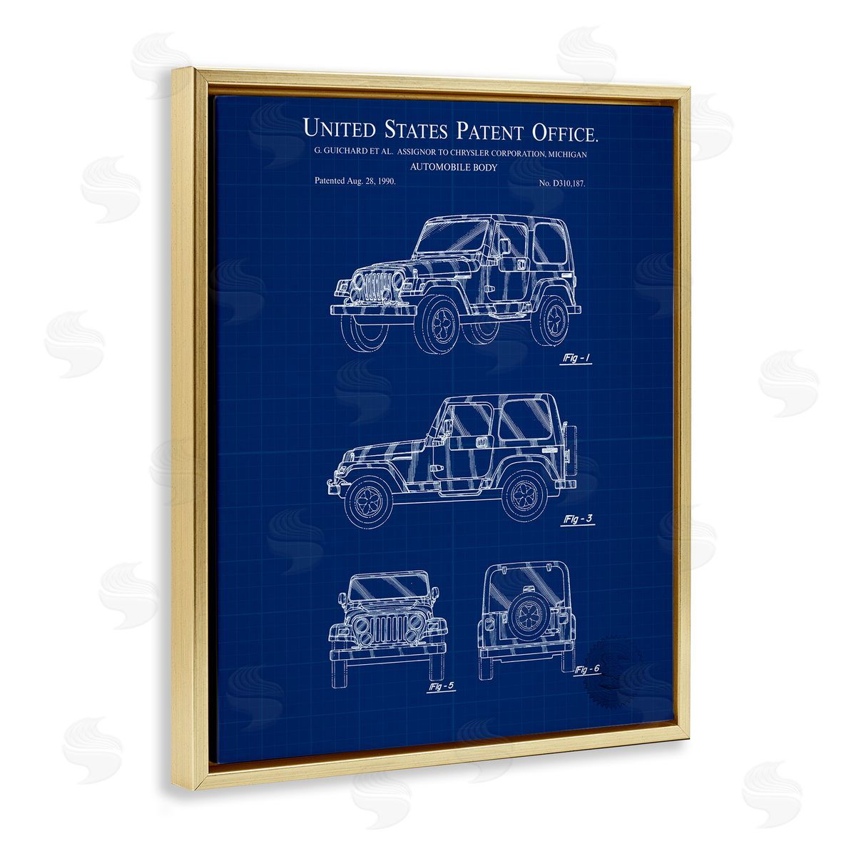 Automobile Body Blueprint Gold Floating Frame Canvas Wall Art, Home Decor by Karl Hronek
