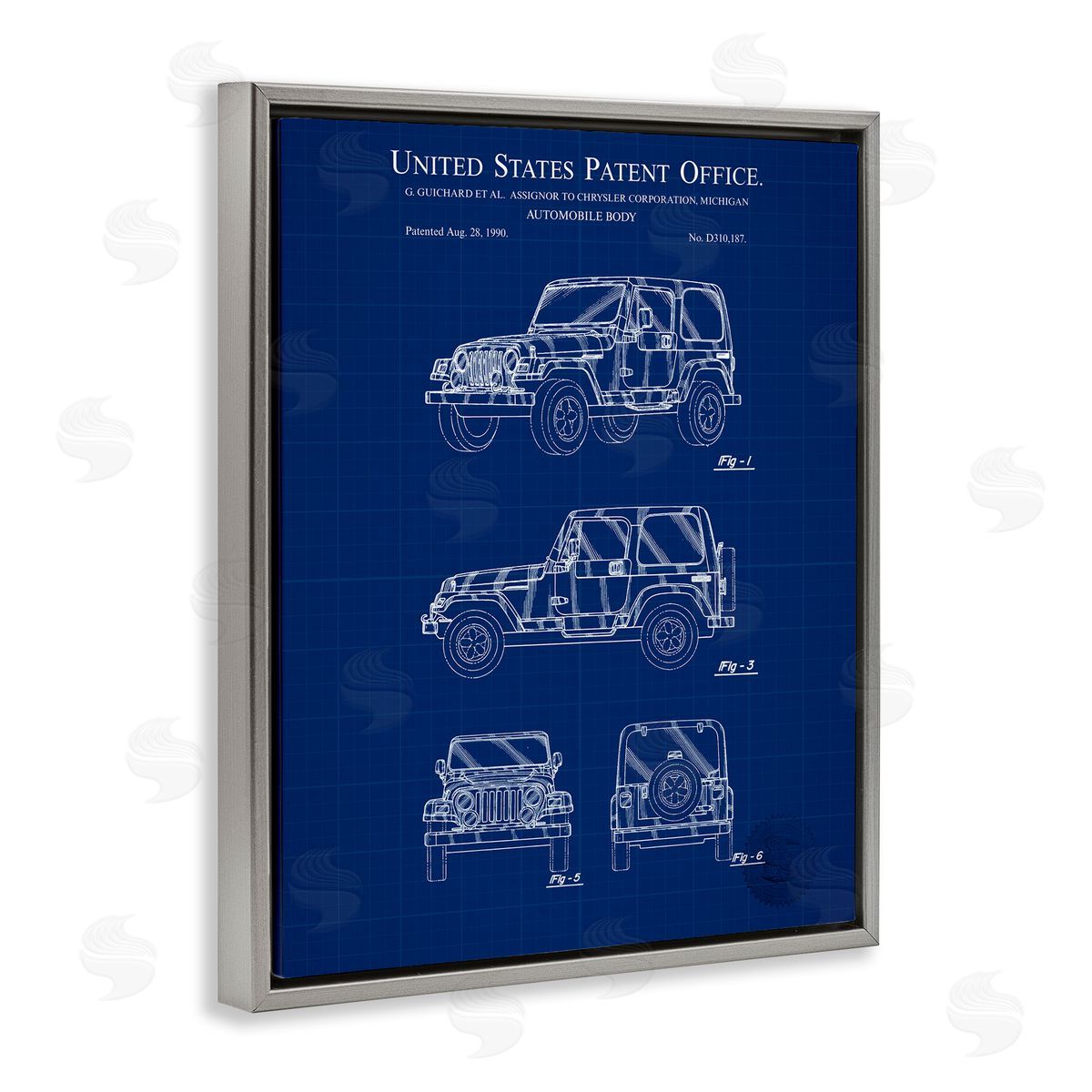 Automobile Body Blueprint Grey Floating Frame Canvas Wall Art, Home Decor by Karl Hronek