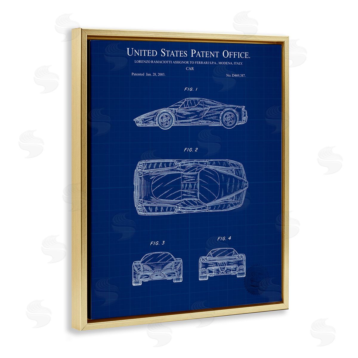 Detailed Car Blueprint Gold Floating Frame Canvas Wall Art, Home Decor by Karl Hronek