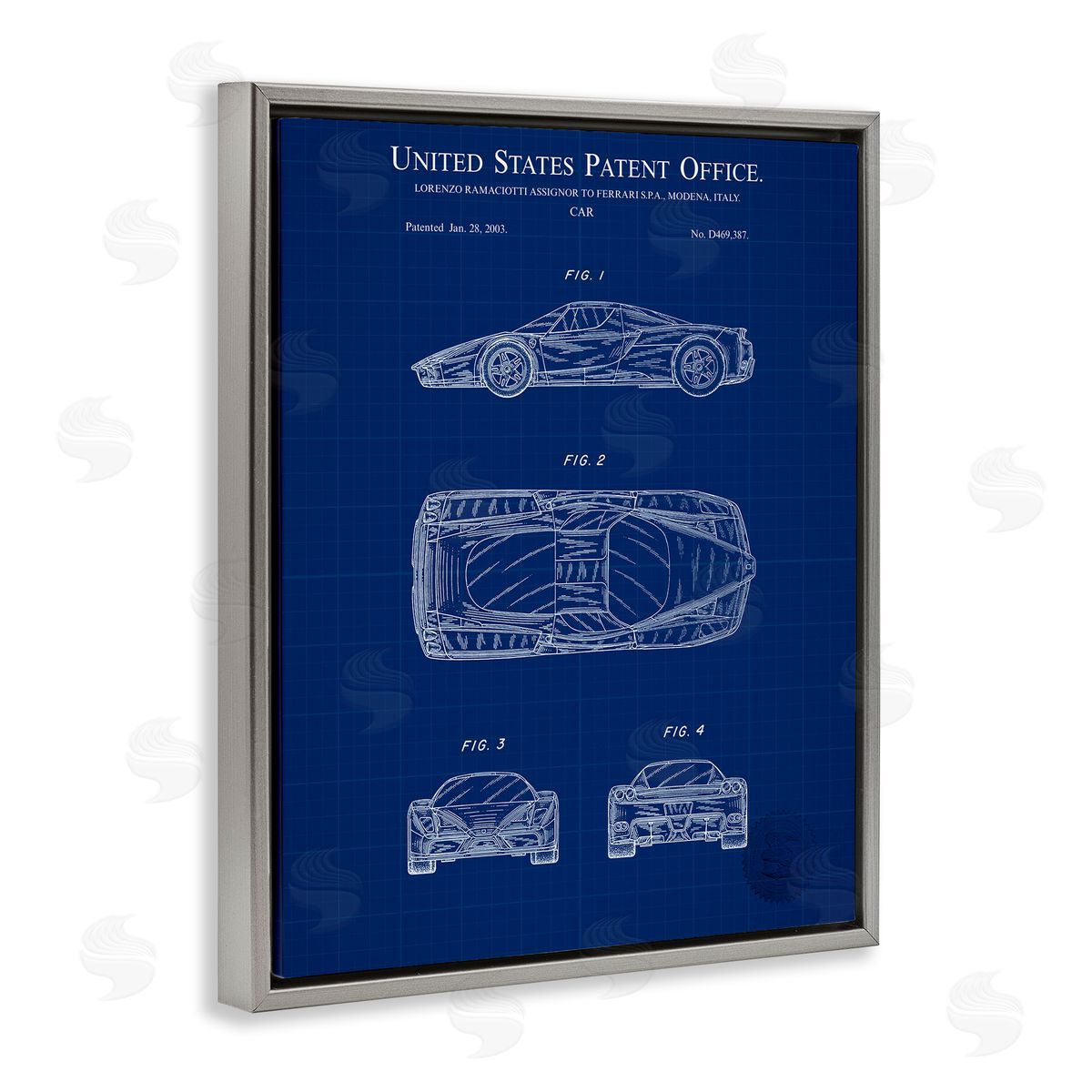 Detailed Car Blueprint Grey Floating Frame Canvas Wall Art, Home Decor by Karl Hronek