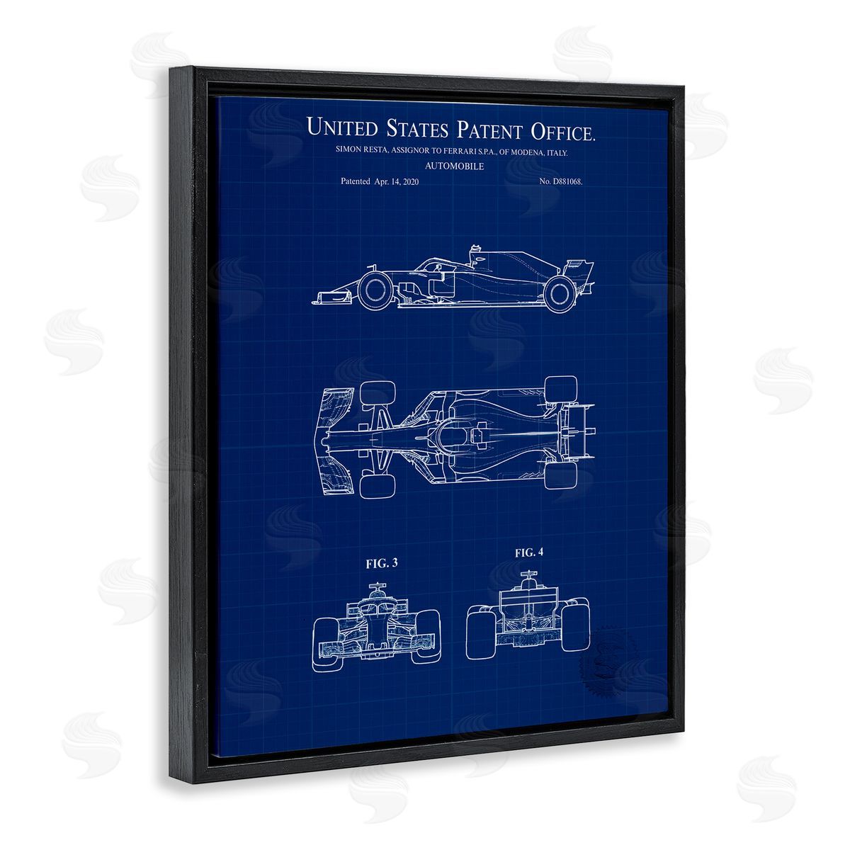 Race Car Blueprint Black Floating Frame Canvas Wall Art, Home Decor by Karl Hronek