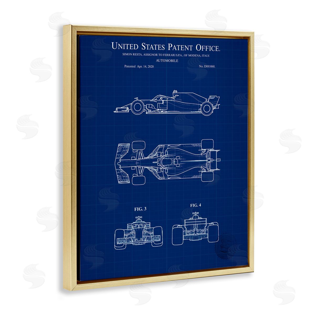 Race Car Blueprint Gold Floating Frame Canvas Wall Art, Home Decor by Karl Hronek