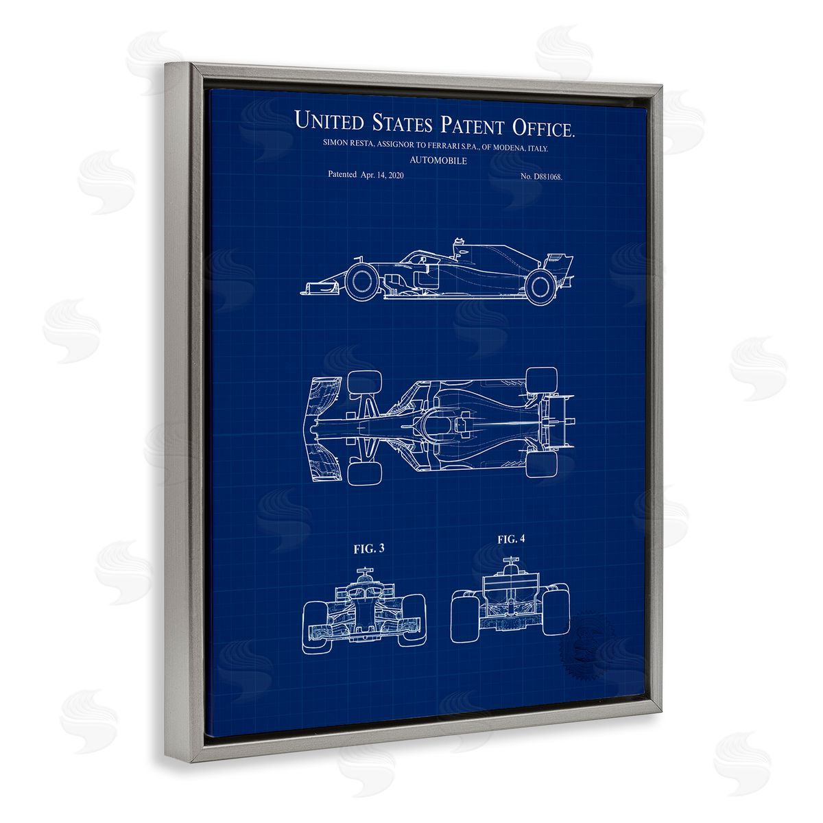 Race Car Blueprint Grey Floating Frame Canvas Wall Art, Home Decor by Karl Hronek