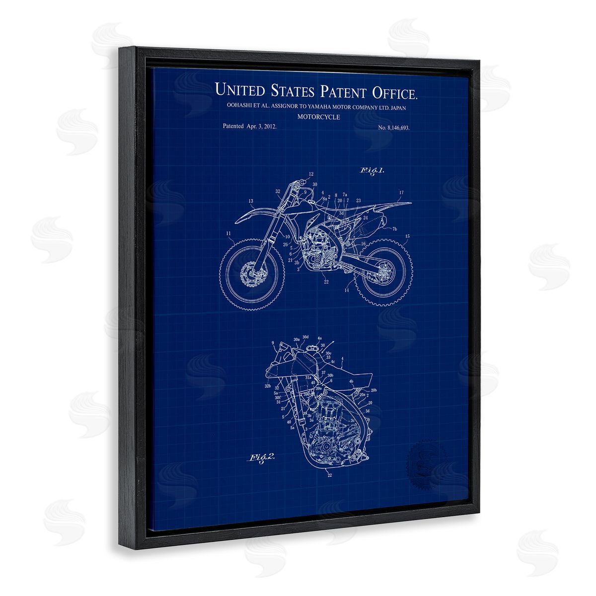 Blue Motorcycle Blueprint Black Floating Frame Canvas Wall Art, Home Decor by Karl Hronek