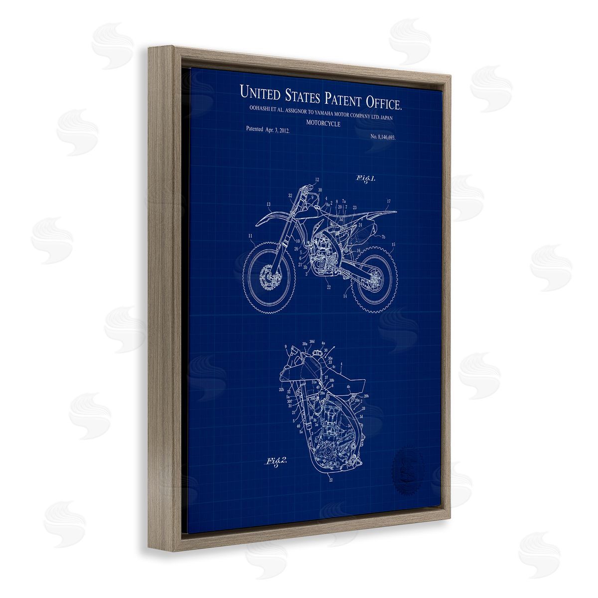 Blue Motorcycle Blueprint Brown Floating Frame Canvas Wall Art, Home Decor by Karl Hronek