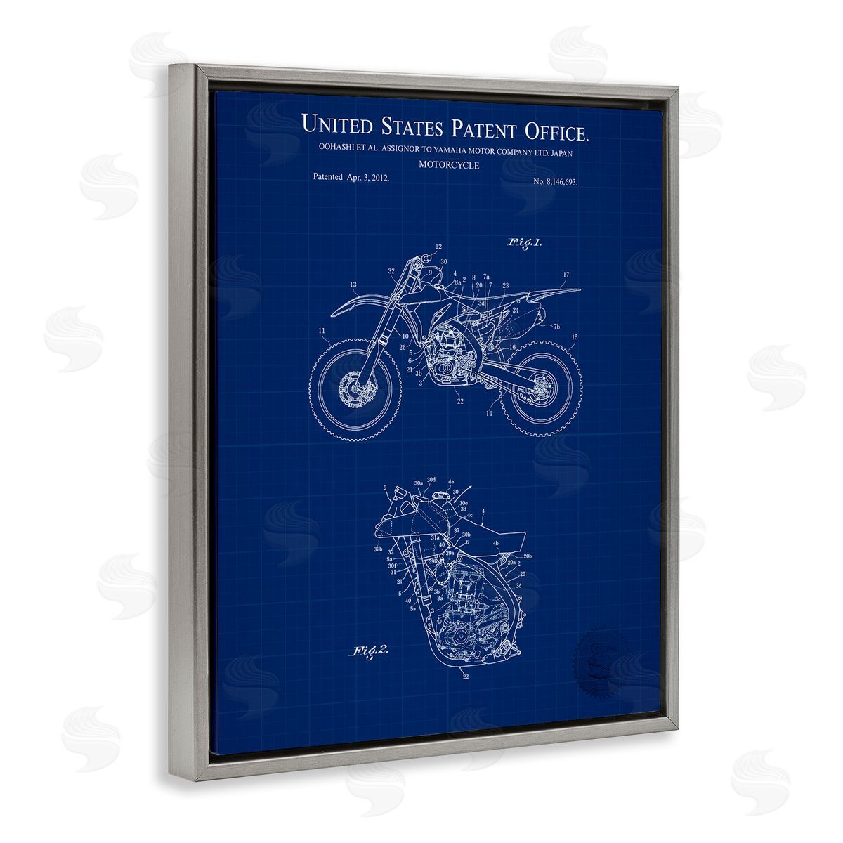 Blue Motorcycle Blueprint Grey Floating Frame Canvas Wall Art, Home Decor by Karl Hronek