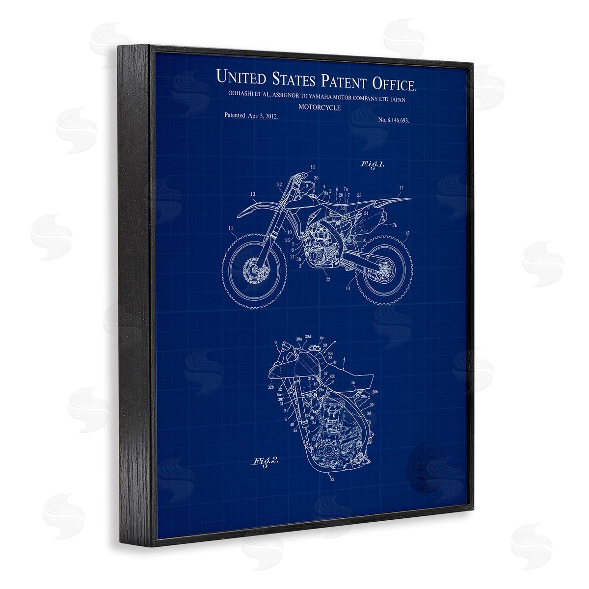 Blue Motorcycle Blueprint Black Frame Print Wall Art, Home Decor by Karl Hronek