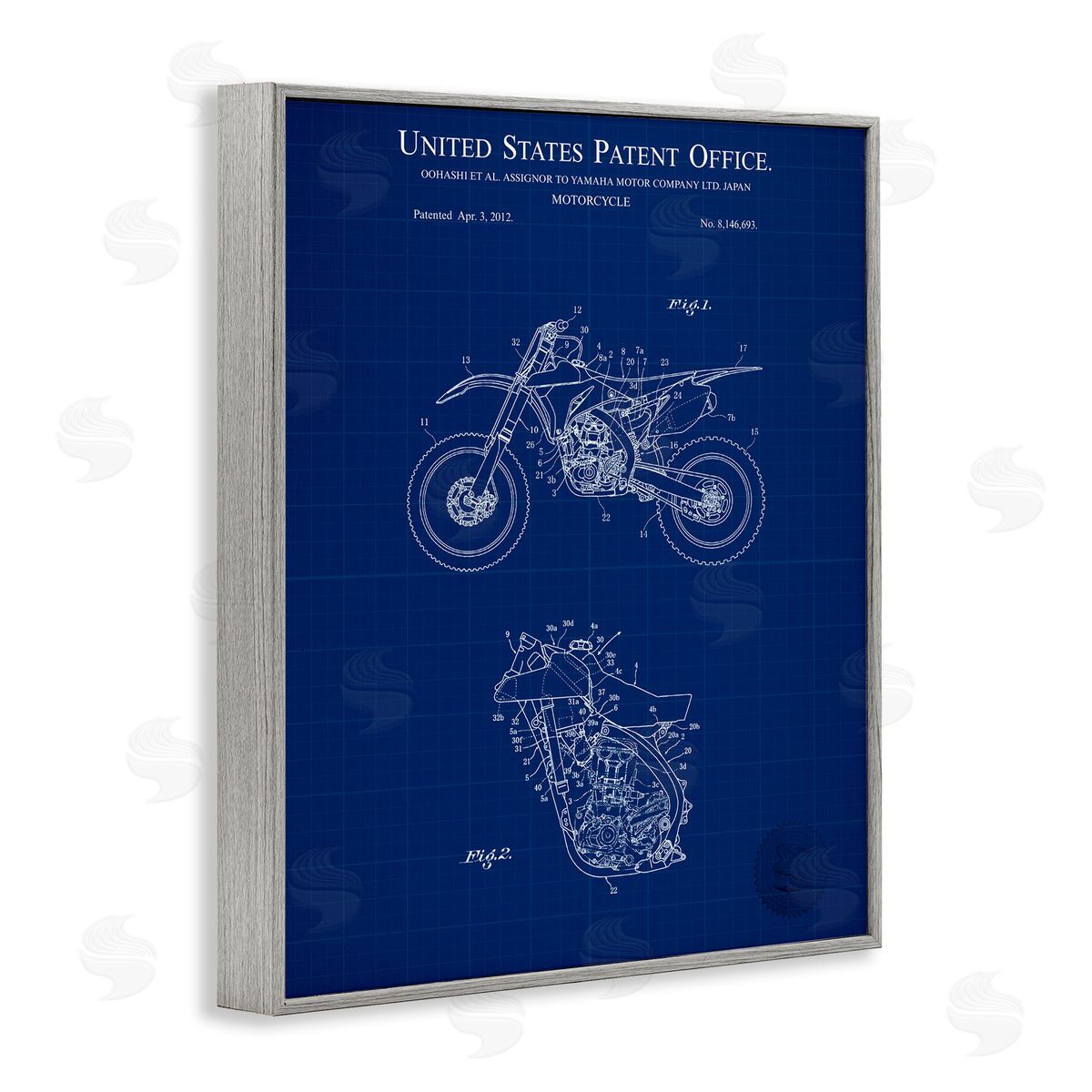 Blue Motorcycle Blueprint Grey Frame Print Wall Art, Home Decor by Karl Hronek