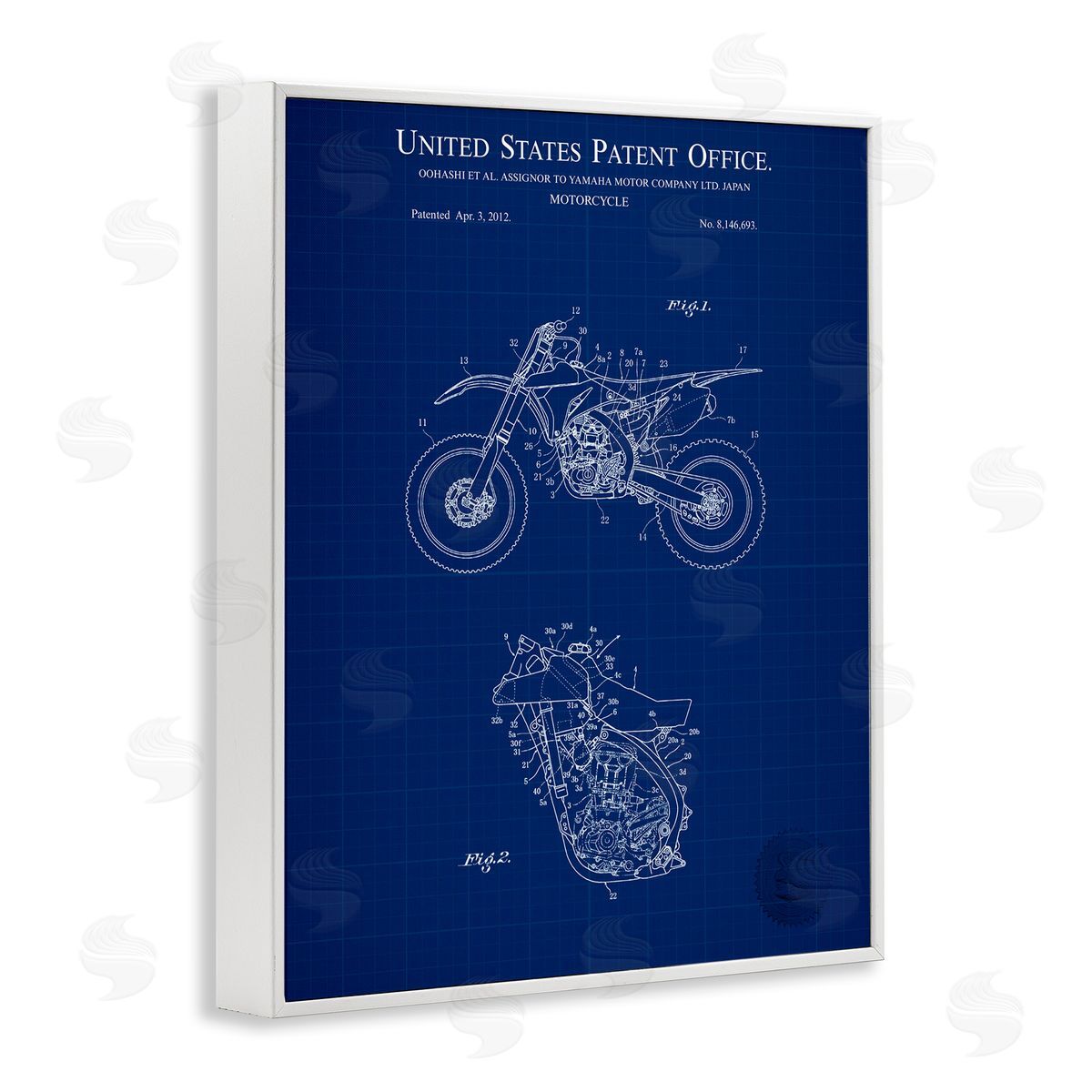 Blue Motorcycle Blueprint White Frame Print Wall Art, Home Decor by Karl Hronek