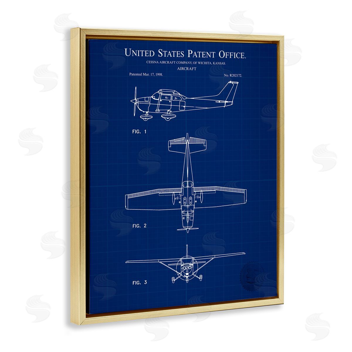 Aircraft Patent Blueprint Gold Floating Frame Canvas Wall Art, Home Decor by Karl Hronek