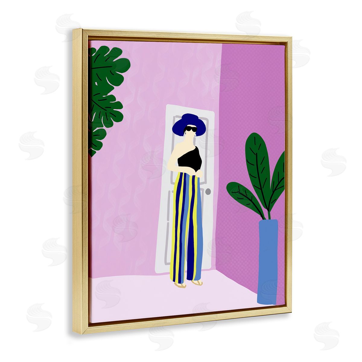 Trendy Girl on Purple Gold Floating Frame Canvas Wall Art, Home Decor by Anna Quach