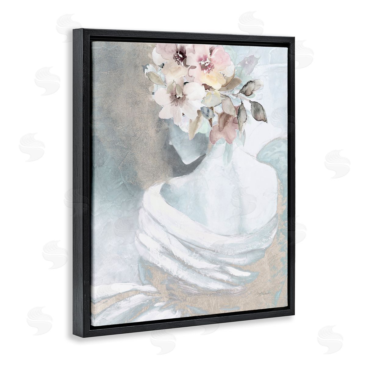 Woman and Florals Visage Black Floating Frame Canvas Wall Art, Home Decor by Carol Robinson