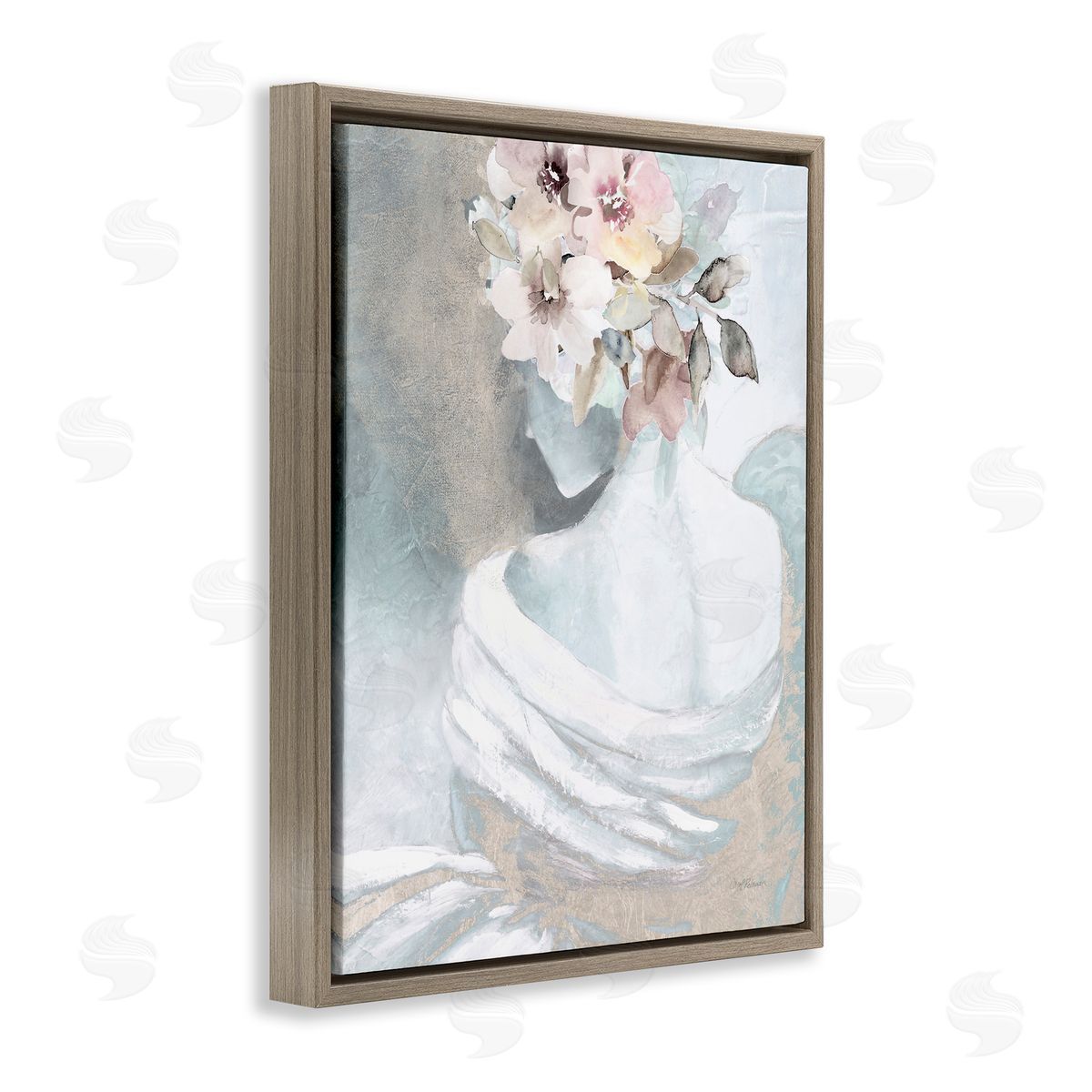 Woman and Florals Visage Brown Floating Frame Canvas Wall Art, Home Decor by Carol Robinson