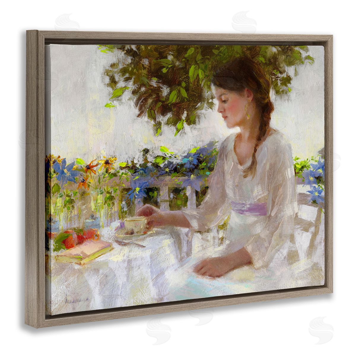 Classic Tea Party Girl Brown Floating Frame Canvas Wall Art, Home Decor by Katie Swatland