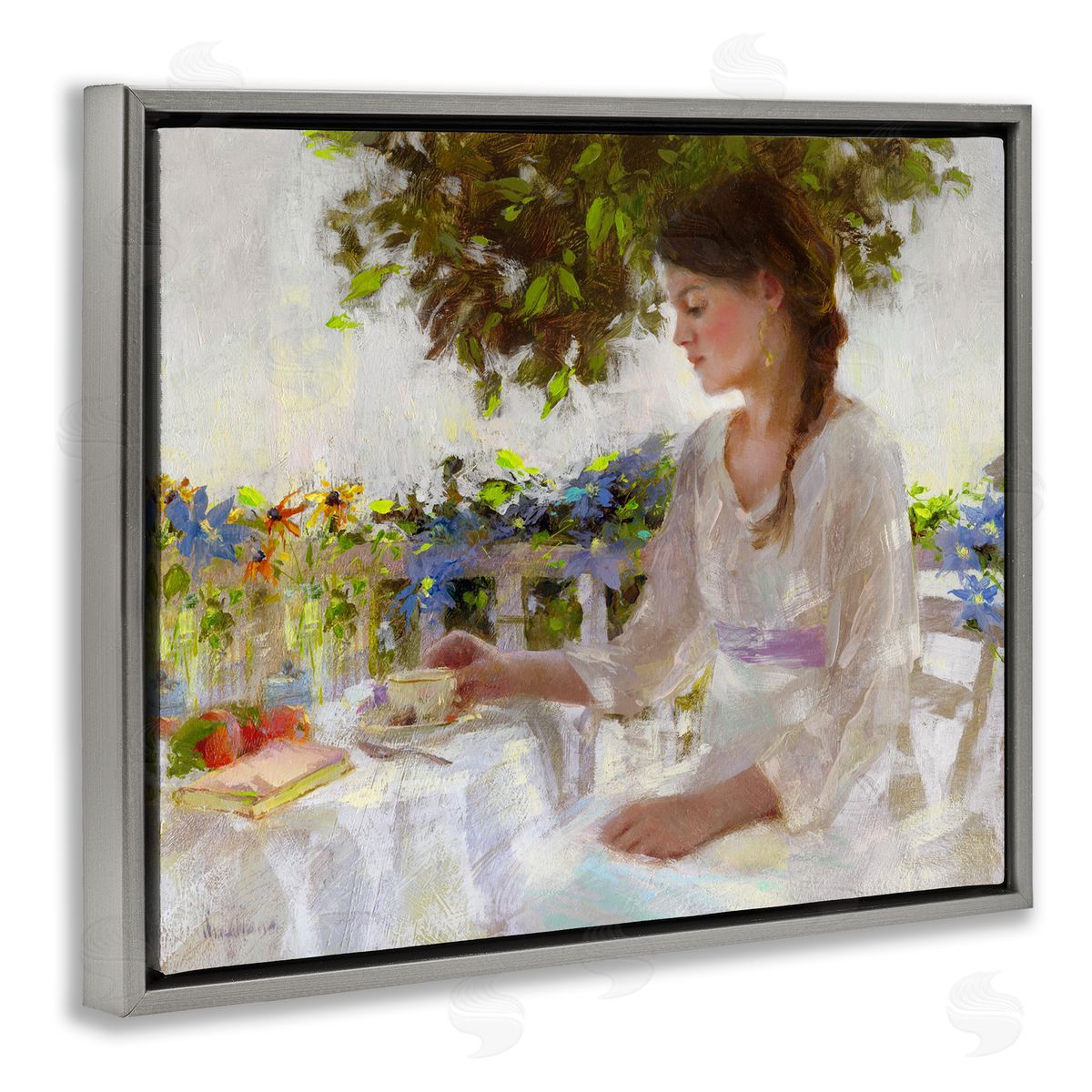 Classic Tea Party Girl Grey Floating Frame Canvas Wall Art, Home Decor by Katie Swatland