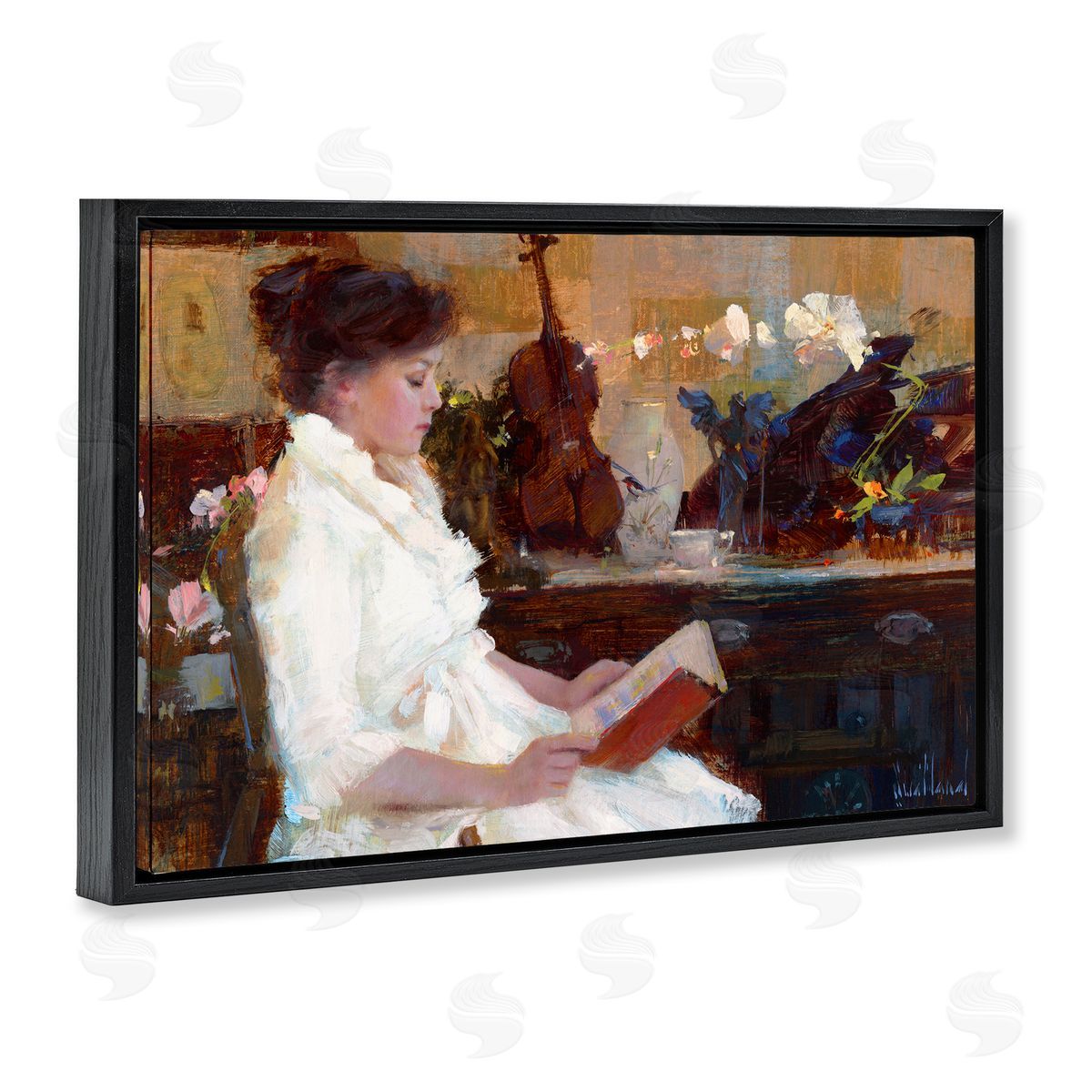 Classic Girl Reading Black Floating Frame Canvas Wall Art, Home Decor by Katie Swatland