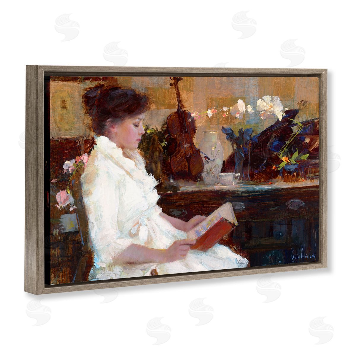 Classic Girl Reading Brown Floating Frame Canvas Wall Art, Home Decor by Katie Swatland