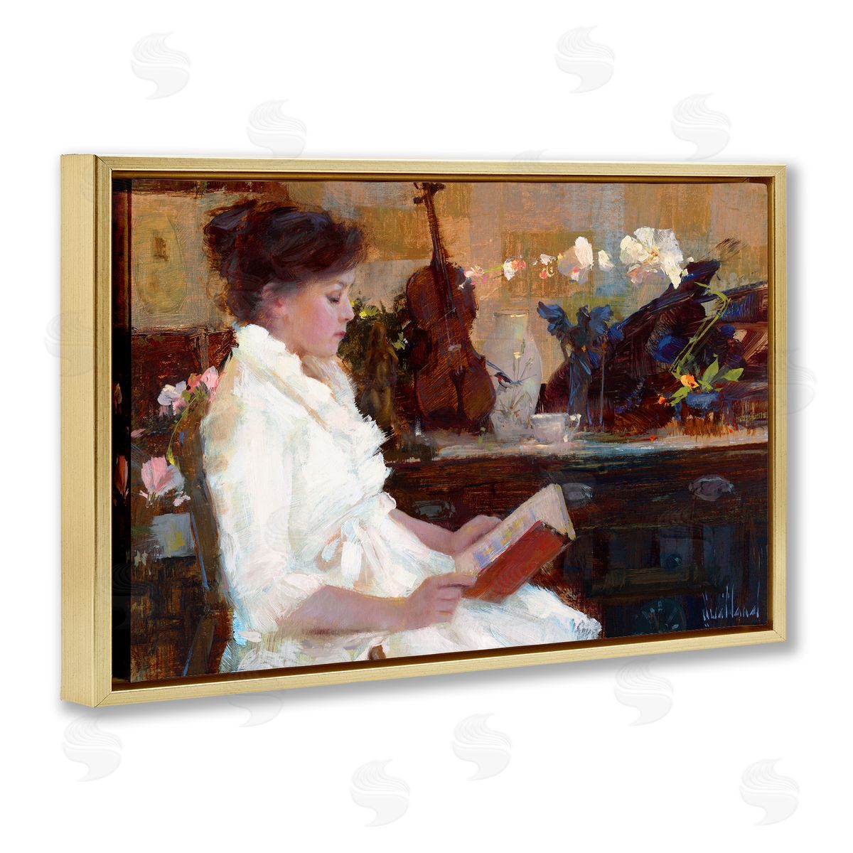 Classic Girl Reading Gold Floating Frame Canvas Wall Art, Home Decor by Katie Swatland