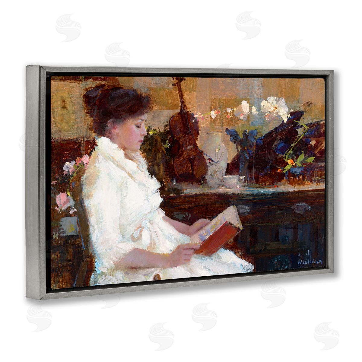 Classic Girl Reading Grey Floating Frame Canvas Wall Art, Home Decor by Katie Swatland