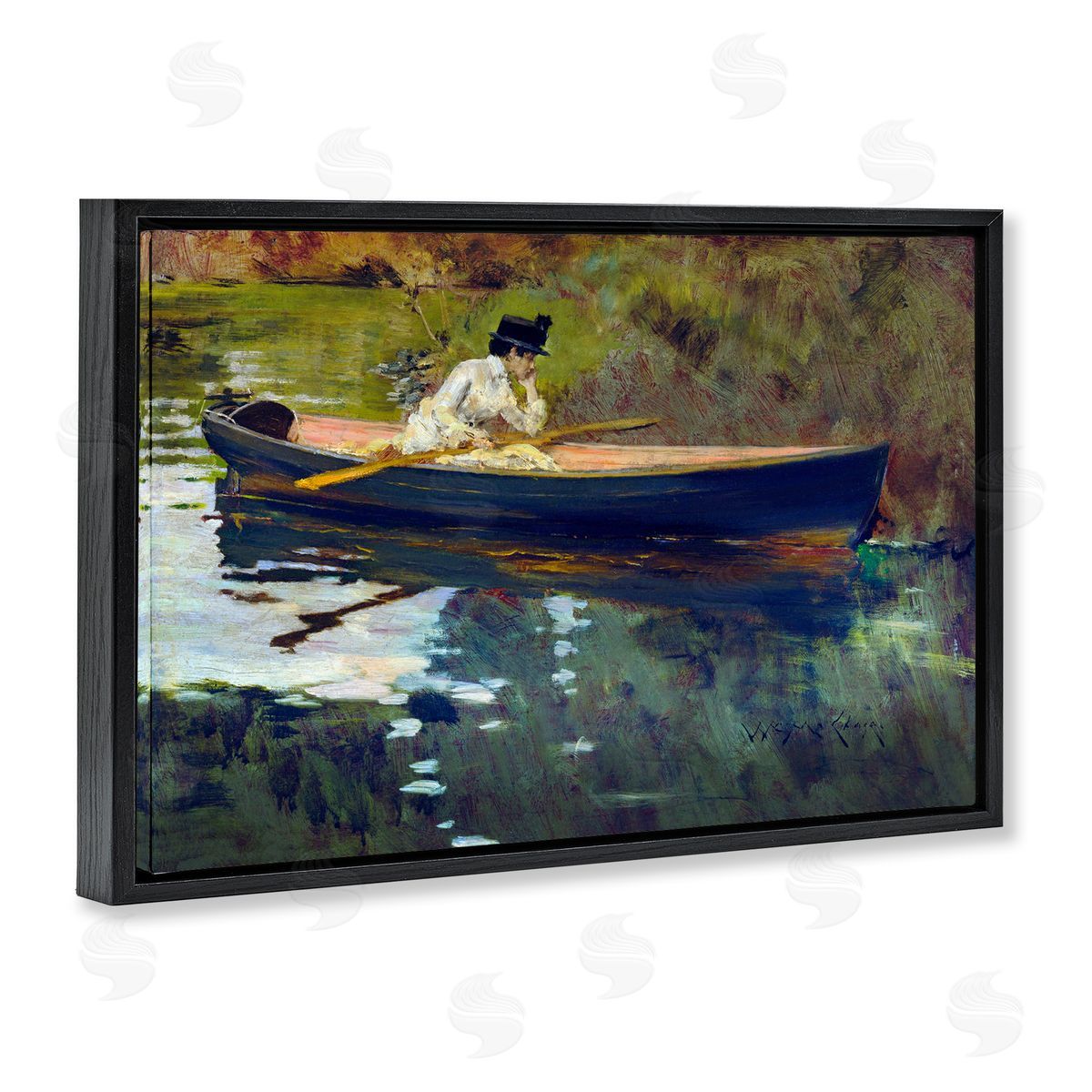 Thoughtful Woman on Canoe Black Floating Frame Canvas Wall Art, Home Decor by CAD Designs