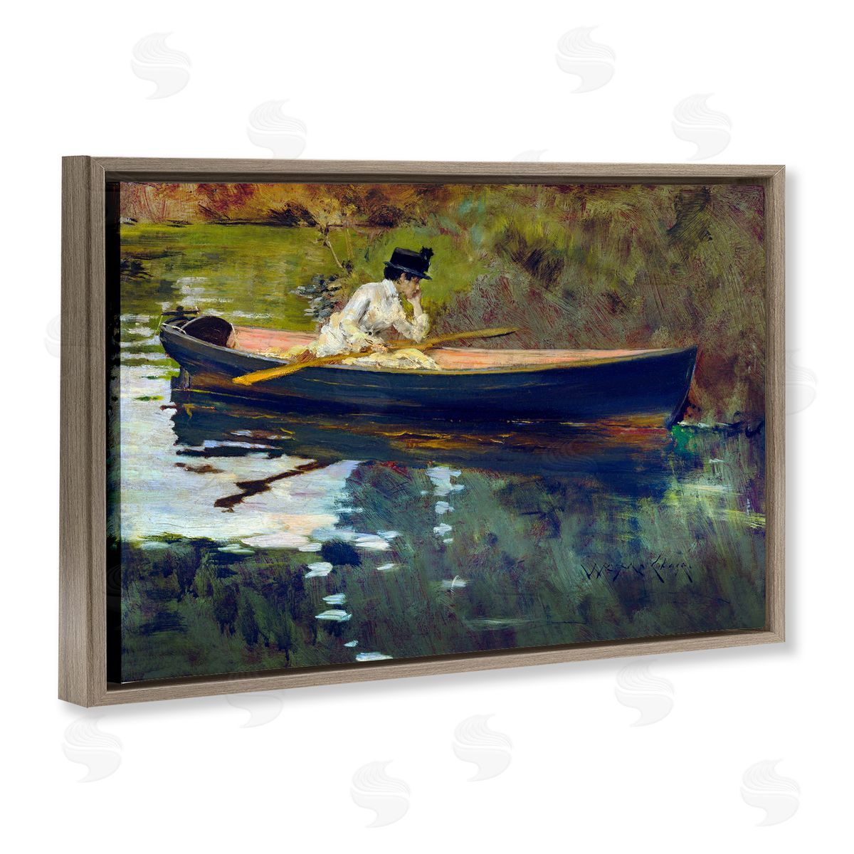 Thoughtful Woman on Canoe Brown Floating Frame Canvas Wall Art, Home Decor by CAD Designs