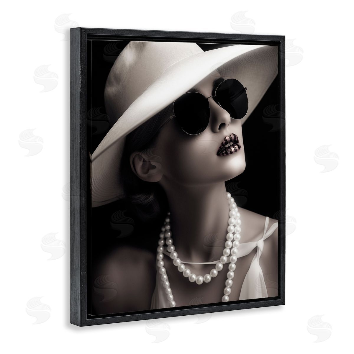 Trendy Girl with Striped Lips Black Floating Frame Canvas Wall Art, Home Decor by Ziwei Li