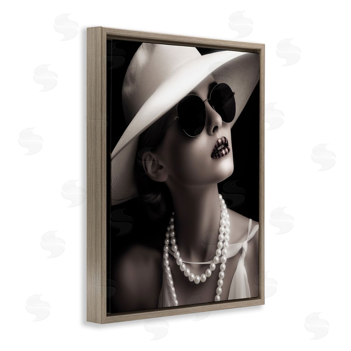 Trendy Girl with Striped Lips Brown Floating Frame Canvas Wall Art, Home Decor by Ziwei Li