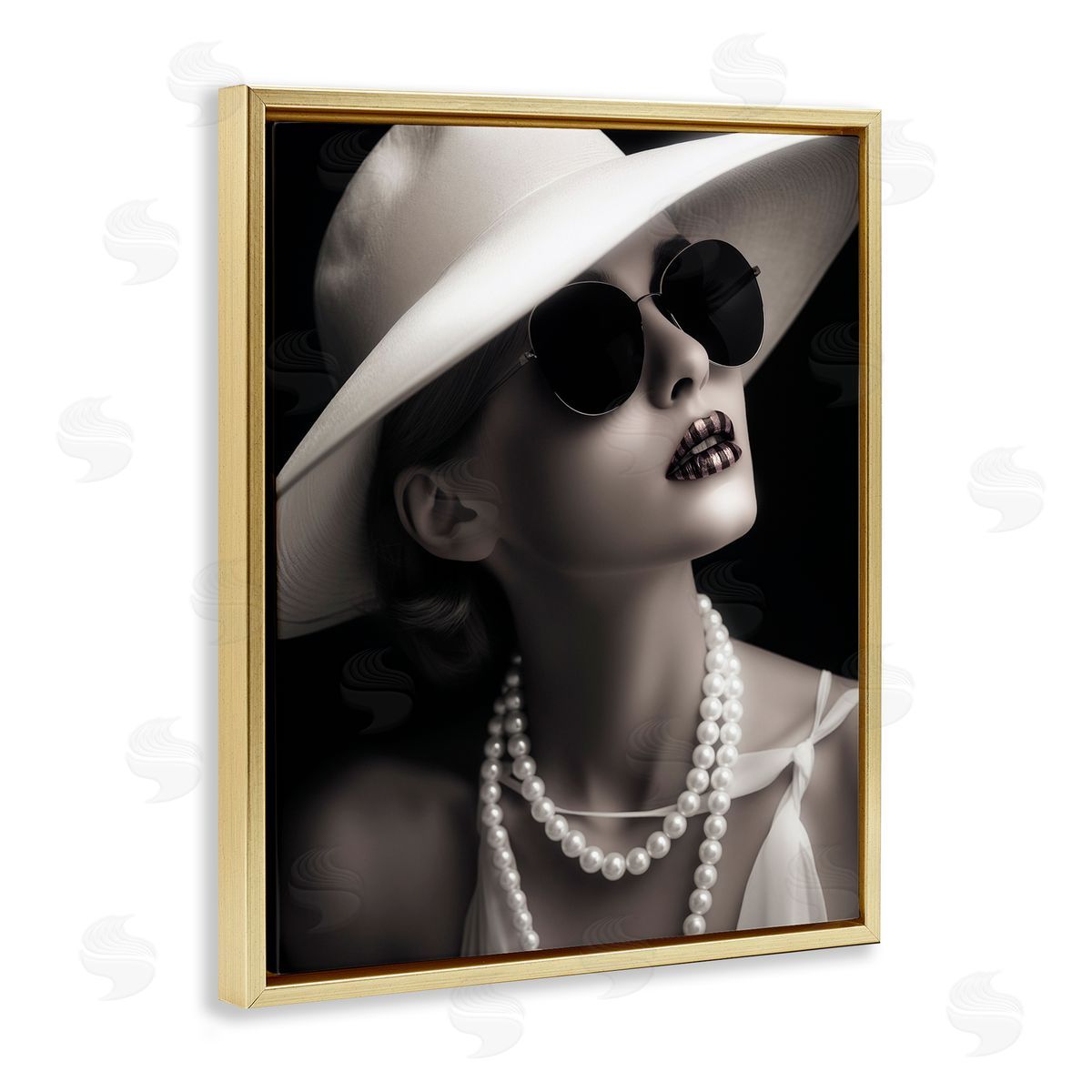 Trendy Girl with Striped Lips Gold Floating Frame Canvas Wall Art, Home Decor by Ziwei Li