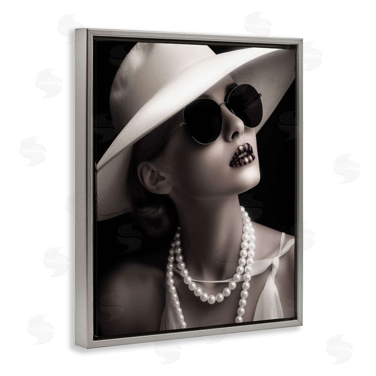 Trendy Girl with Striped Lips Grey Floating Frame Canvas Wall Art, Home Decor by Ziwei Li