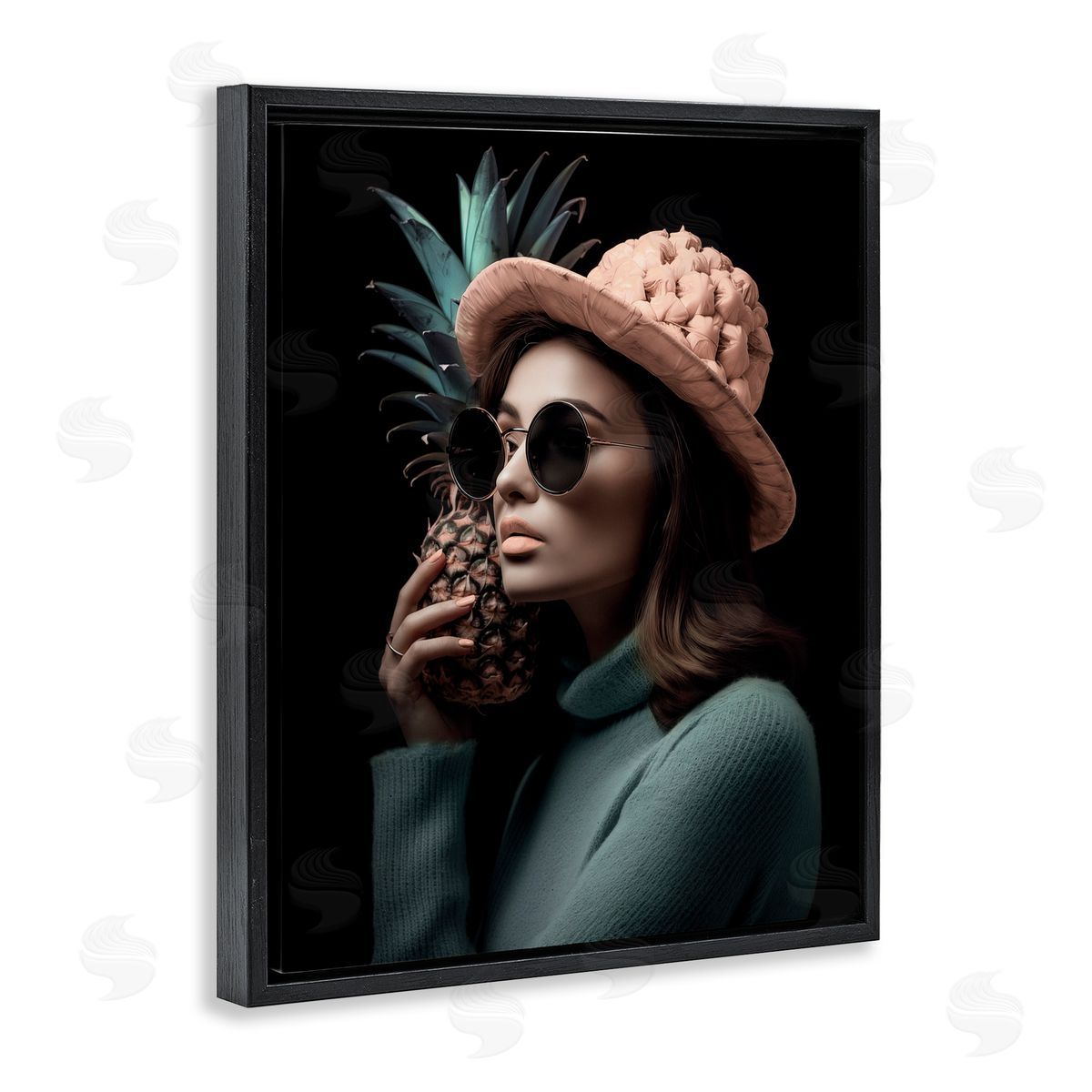Chic Girl with Pineapple Black Floating Frame Canvas Wall Art, Home Decor by Ziwei Li