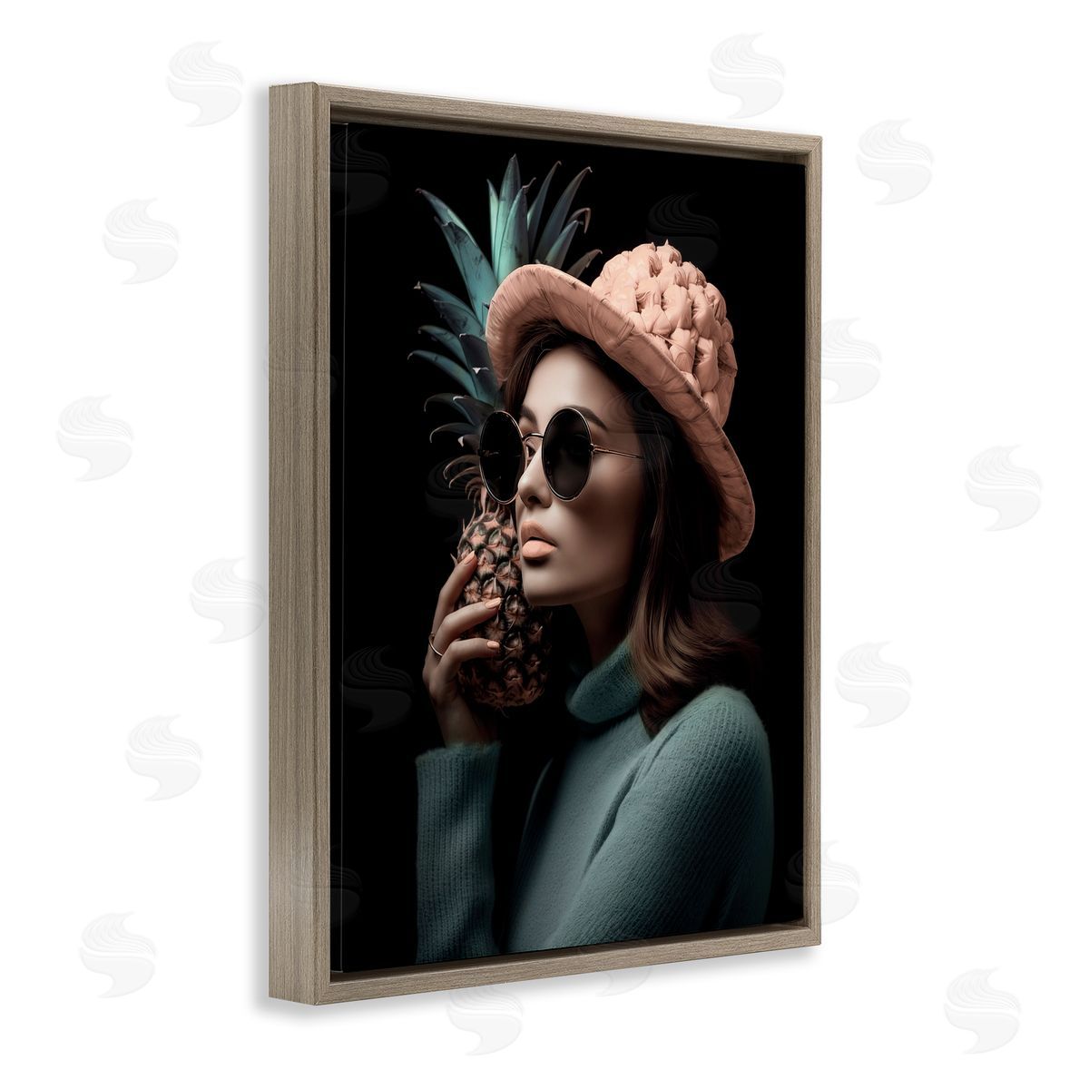 Chic Girl with Pineapple Brown Floating Frame Canvas Wall Art, Home Decor by Ziwei Li