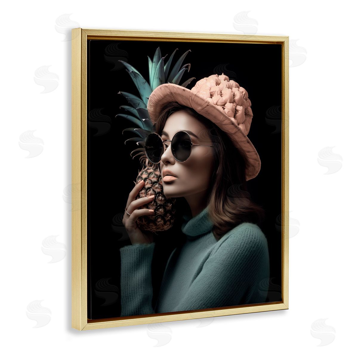 Chic Girl with Pineapple Gold Floating Frame Canvas Wall Art, Home Decor by Ziwei Li