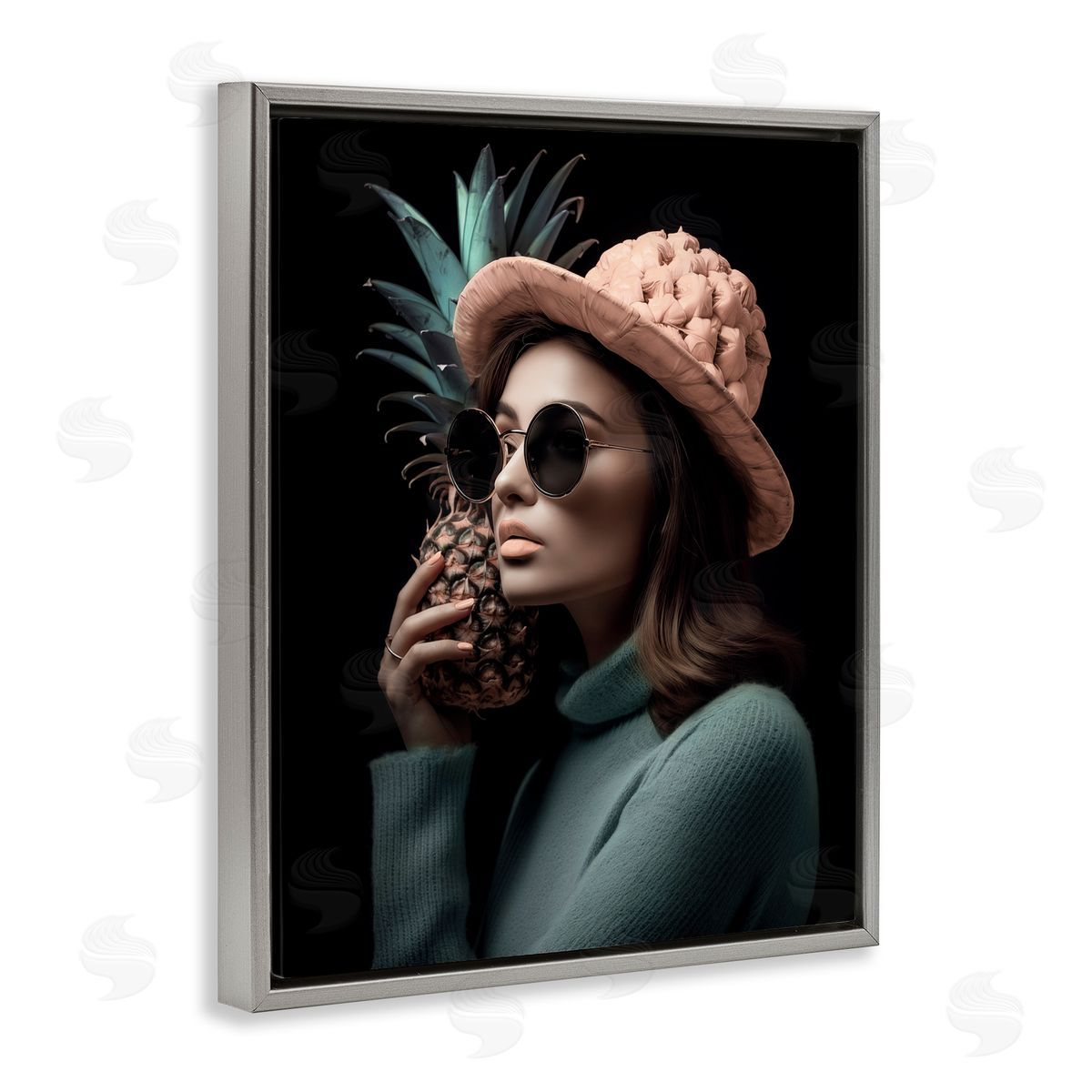Chic Girl with Pineapple Grey Floating Frame Canvas Wall Art, Home Decor by Ziwei Li