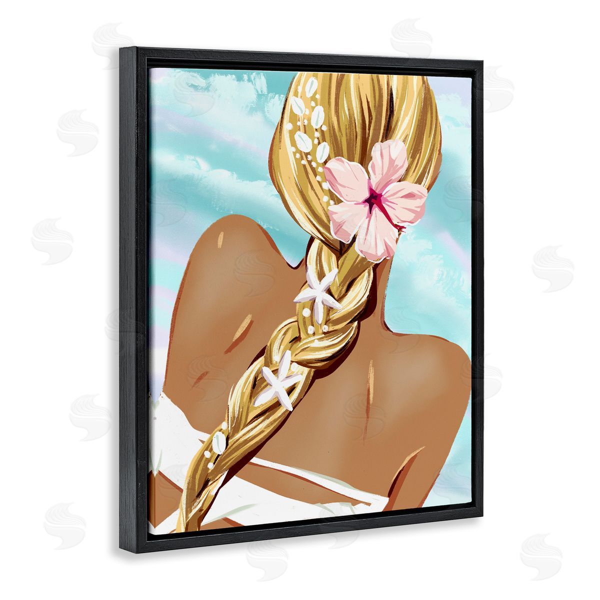 Beachy Girl with Florals Black Floating Frame Canvas Wall Art, Home Decor by Ziwei Li