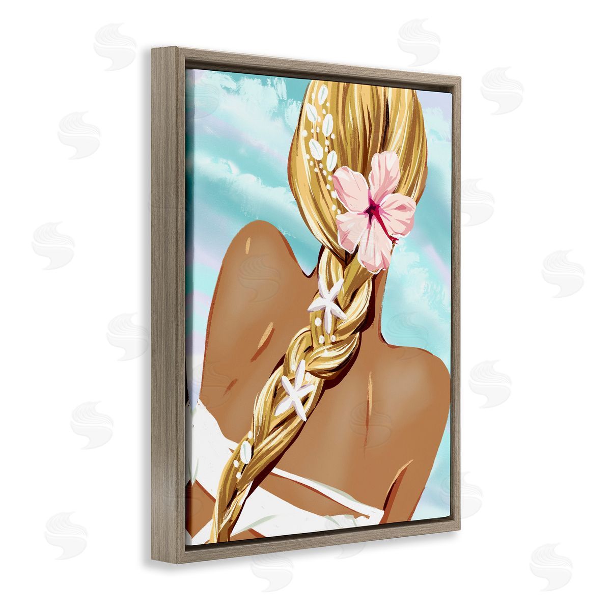 Beachy Girl with Florals Brown Floating Frame Canvas Wall Art, Home Decor by Ziwei Li