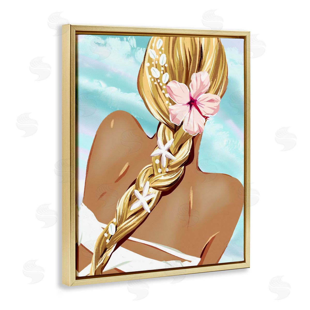 Beachy Girl with Florals Gold Floating Frame Canvas Wall Art, Home Decor by Ziwei Li