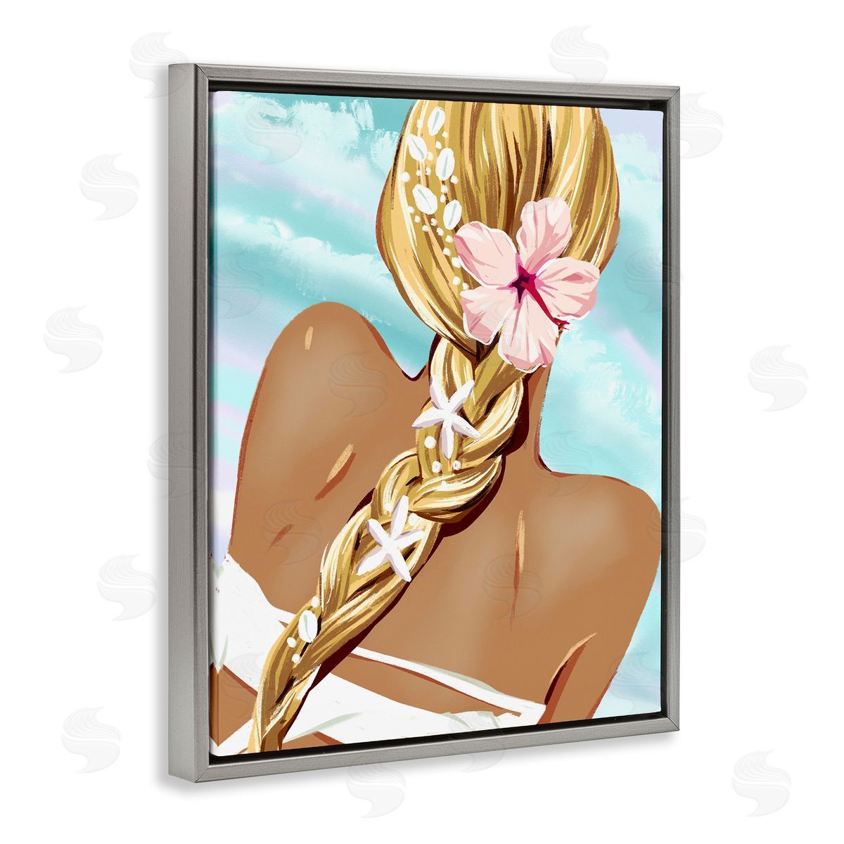 Beachy Girl with Florals Grey Floating Frame Canvas Wall Art, Home Decor by Ziwei Li