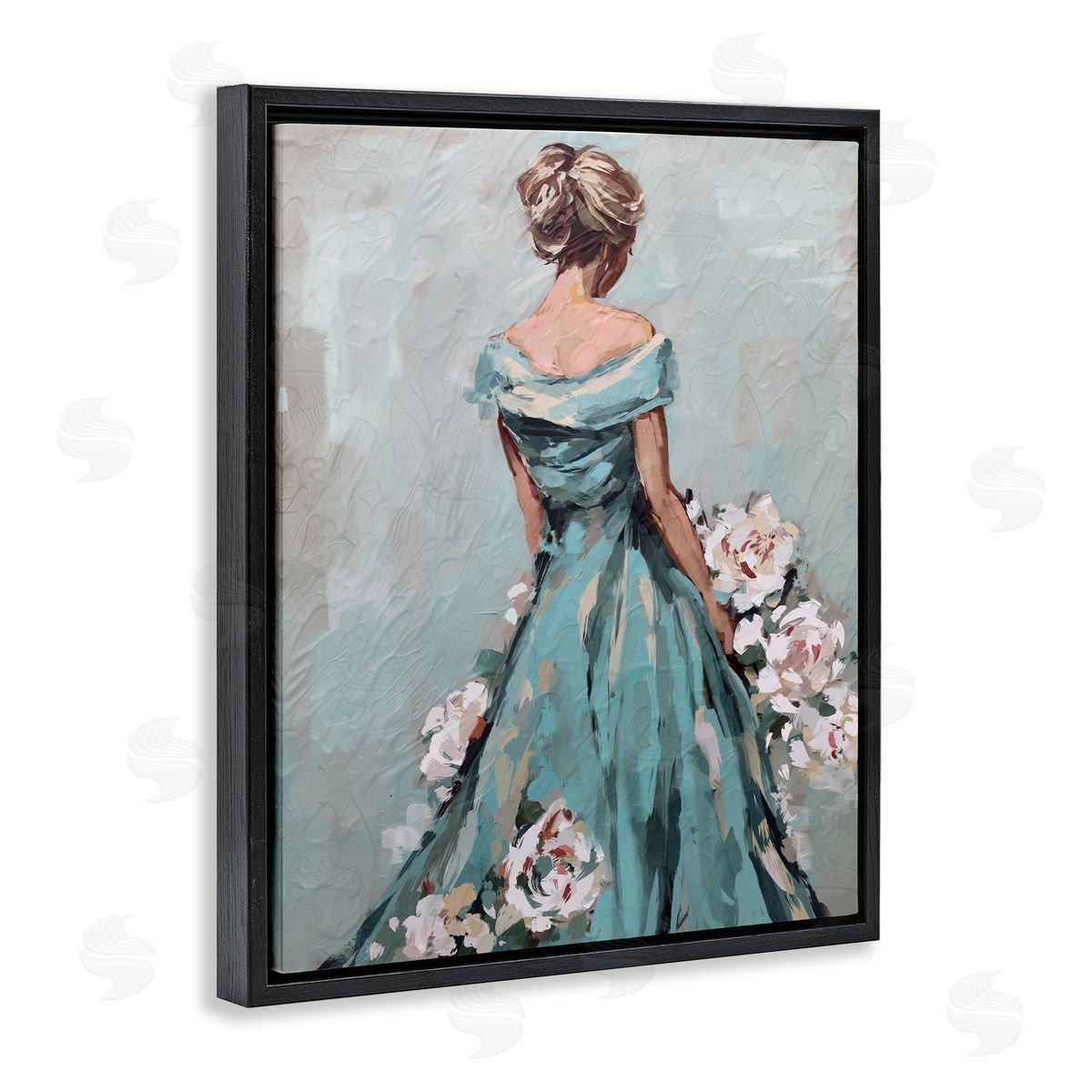 Floral Woman in Gown Black Floating Frame Canvas Wall Art, Home Decor by Ziwei Li