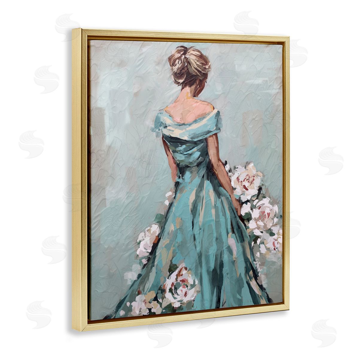 Floral Woman in Gown Gold Floating Frame Canvas Wall Art, Home Decor by Ziwei Li